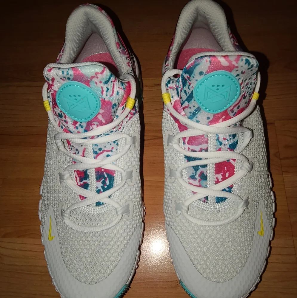 Nike White Sneakers with Teal, Pink and Yellow Accents